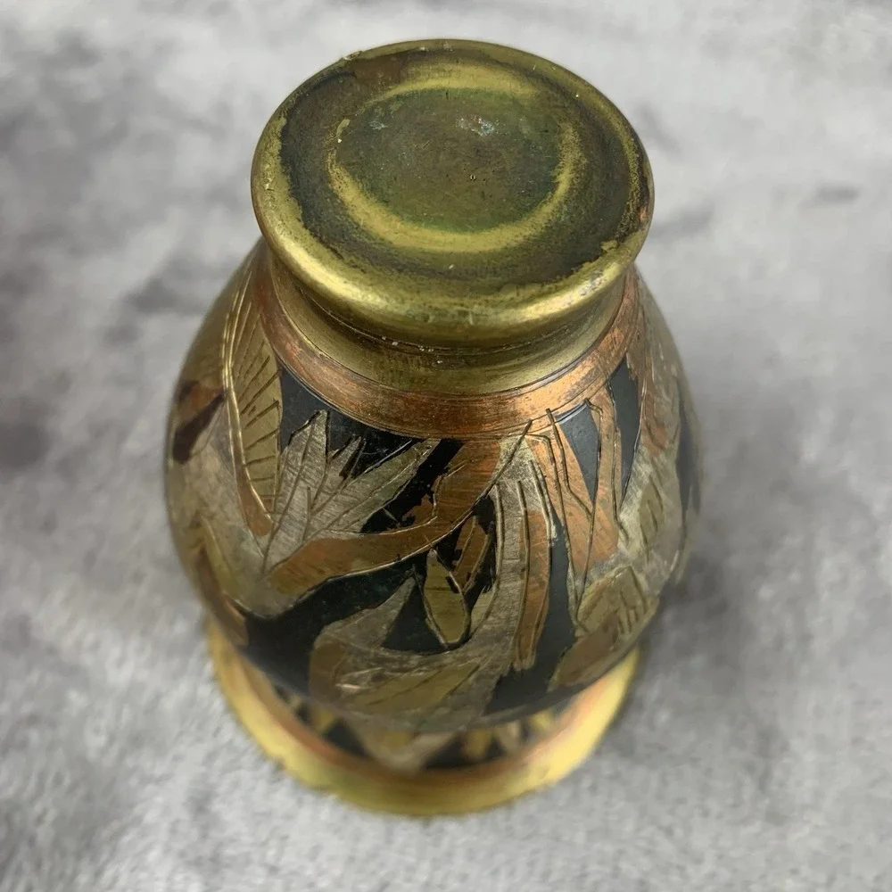 Vintage Mixed Metal Small Vase Egyptian‎ Style Copper Brass 4 Inches Tall Patina